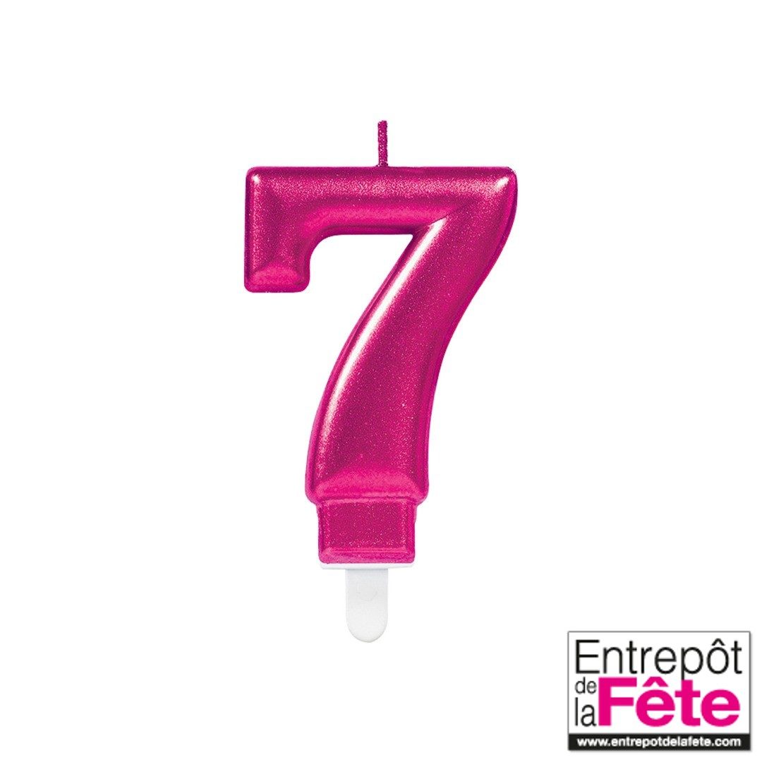 Bougie anniversaire chiffre 7 brillante fuchsia 9cm - L'Entrepôt de la Fête