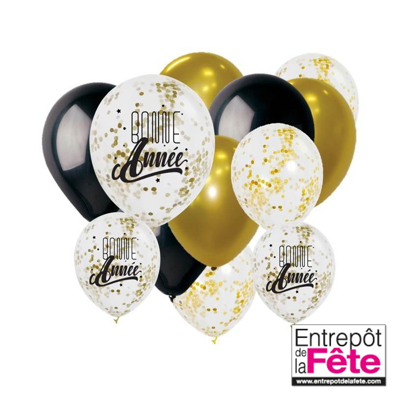 12 Ballons noir / or confetti / or / bonne année - L'Entrepôt de