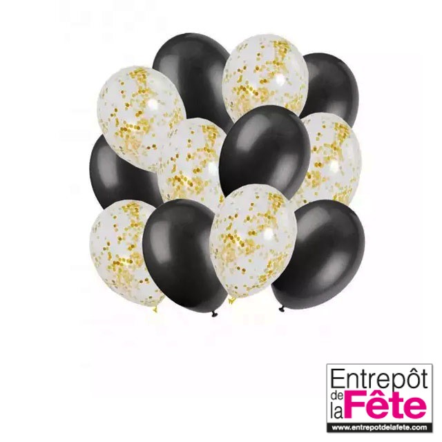 12 Ballons noir/or confetti or - L'Entrepôt de la Fête