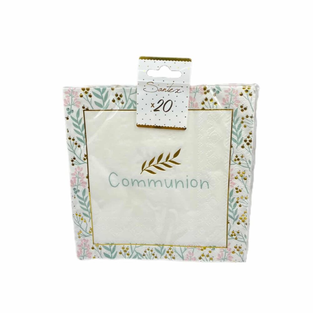L'image représente une serviette blanche avec une inscription communion au centre. Le bord de la serviette est décoré de motifs bleu et doré.