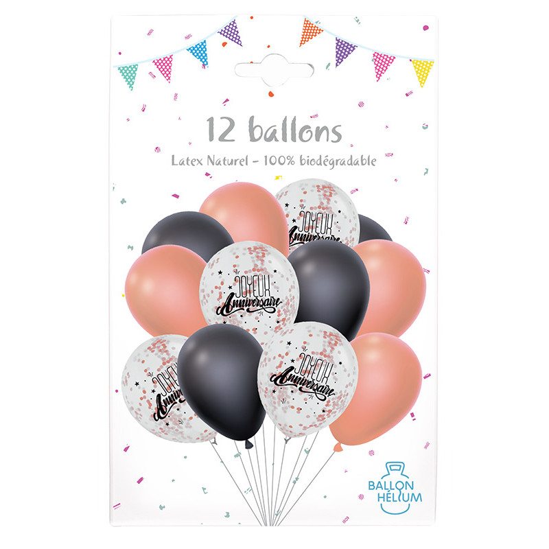 12 Ballons rose gold et noir Joyeux Anniversaire - L'Entrepôt de la Fête