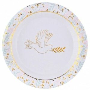 Assiette communion multicolor x10 : Ensemble de 10 assiettes en carton blanc décorées d'une colombe dorée tenant une branche avec des feuilles, entourées de branches vertes et de points dorés.